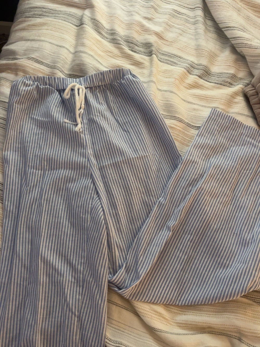 Striped Blue & White Wide Leg Drawstring Pants